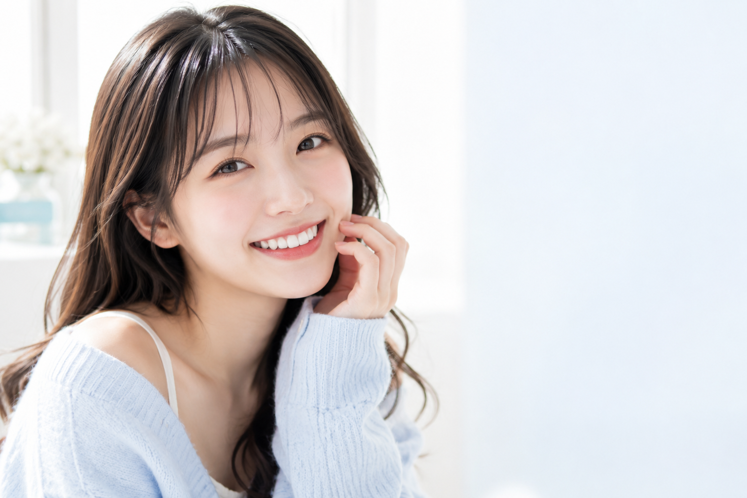 白い歯を見せて自然に笑う若い日本人女性