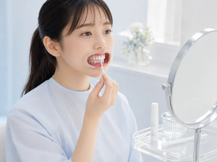 鏡を見ながらジェルを塗布する女性
