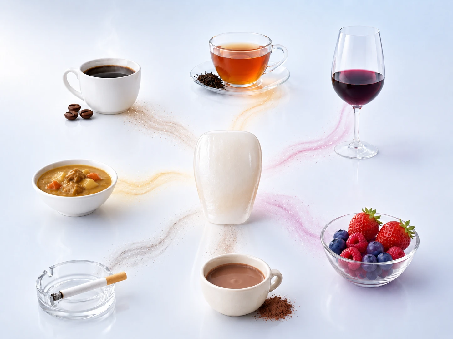 コーヒー、紅茶、赤ワイン、カレー、ココア、ベリー類、たばこなど歯の表面に着色汚れが残る主な原因